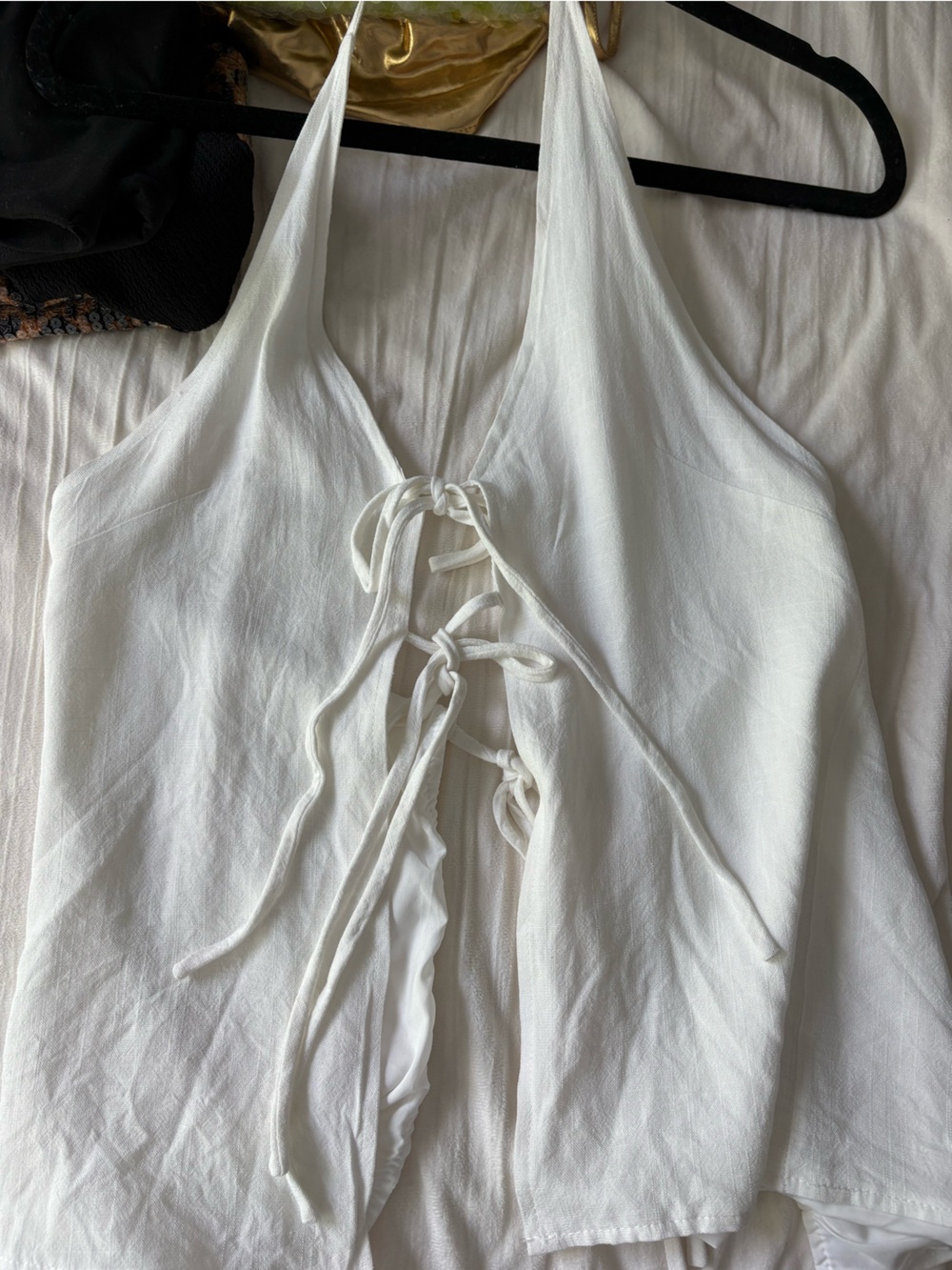 White halter tie front linen top